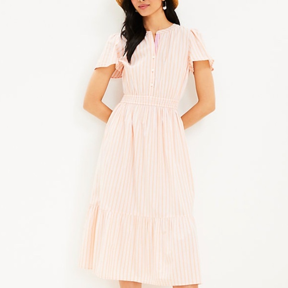 LOFT Dresses & Skirts - Loft Cotton Stripe Smocked Waist Button Midi Dress Size XL Orange Pink Peach